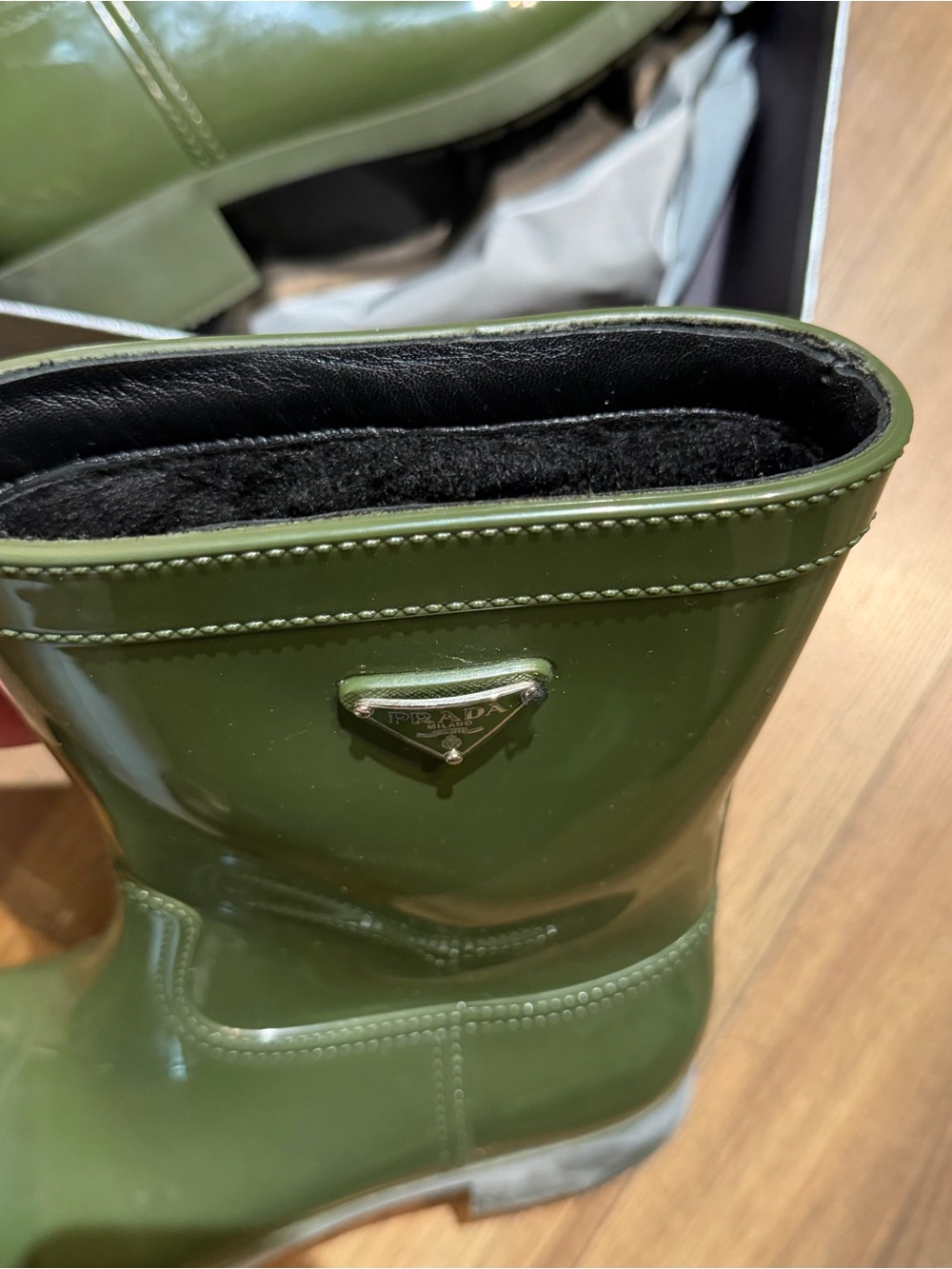 Vintage Prada Olive Green Glossy Rubber Mid-Calf Rain Boots - Picture 2 of 5